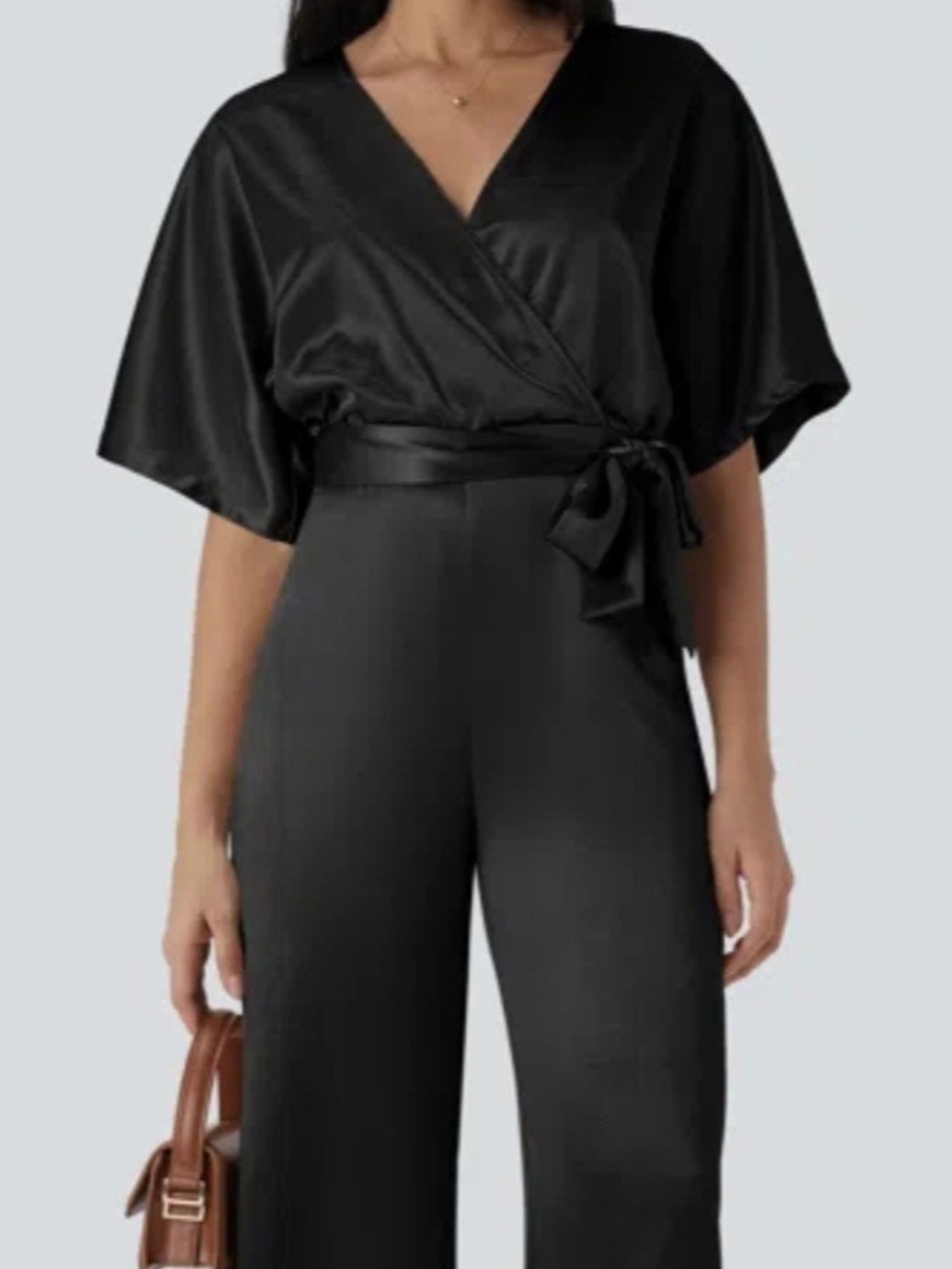 HALARA Black Wrap-Front Jumpsuit with Tie Waist
